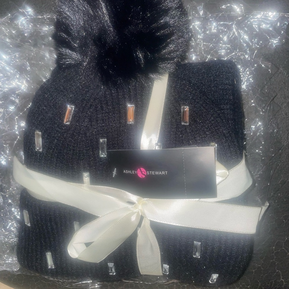 Ashley Stewart Black Beanie with Pom Pom and Rhinestones